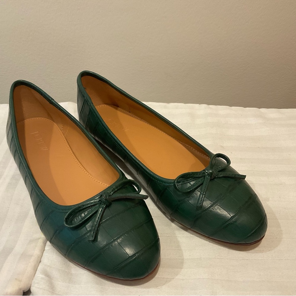 J. Crew Green Flats with Bow Detail